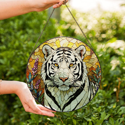 White Tiger Nature Scene Suncatcher Stained Glass Style Window Decor Gift for Wildlife Lovers