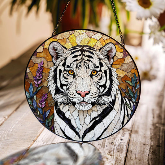 White Tiger Nature Scene Suncatcher Stained Glass Style Window Decor Gift for Wildlife Lovers