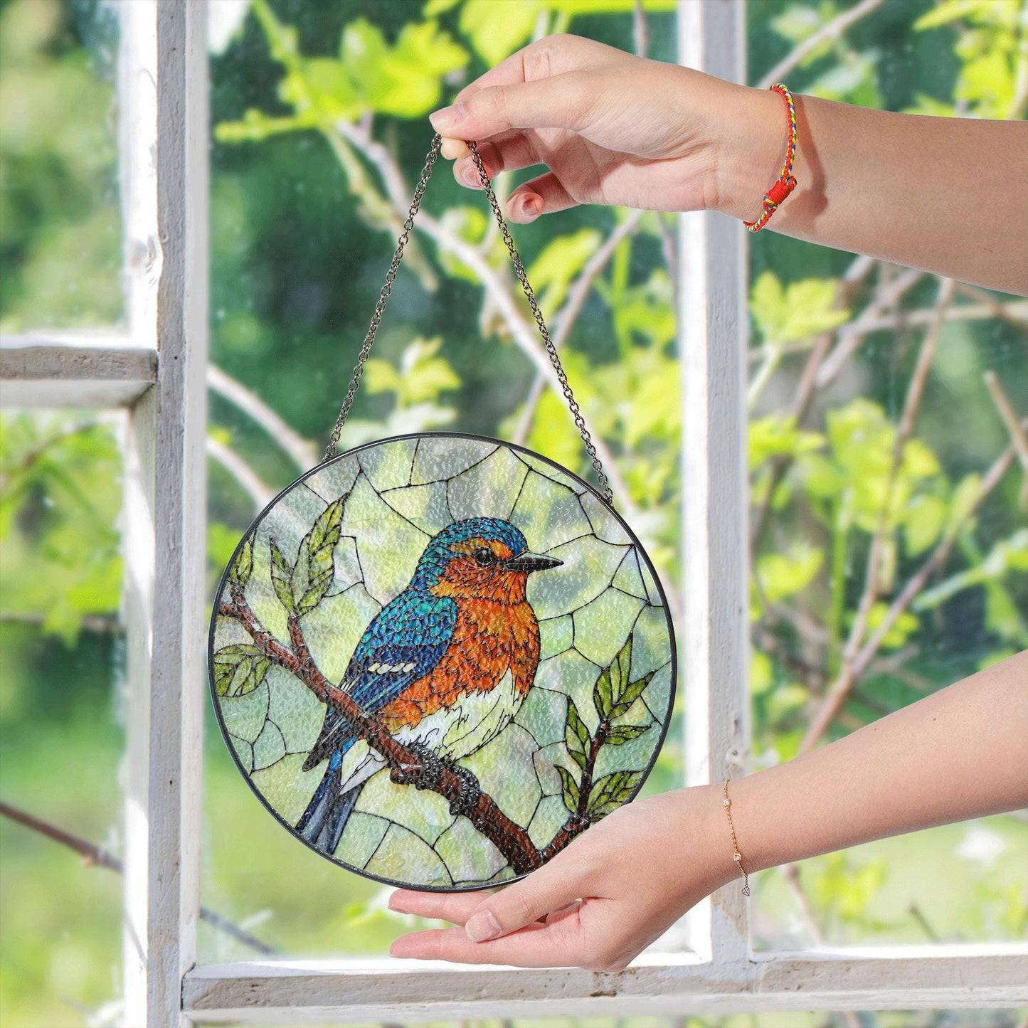 Blue Orange Bird on Branch Window Suncatcher Handmade Glass Panel Gift for Nature Lover