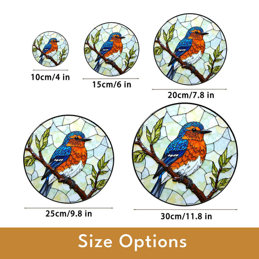 Blue Orange Bird on Branch Window Suncatcher Handmade Glass Panel Gift for Nature Lover