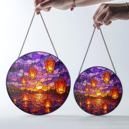 Sunset Lanterns Over Ocean Purple Sky Suncatcher Stained Glass Gift for Mom