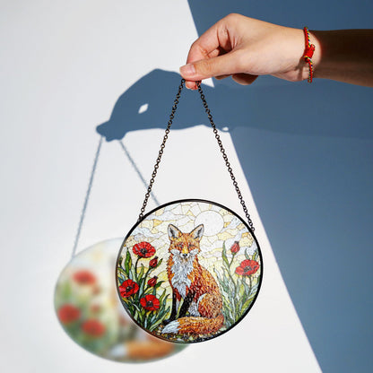Red Fox in Poppy Field Suncatcher Stained Glass Style Window Art Gift for Animal Lover