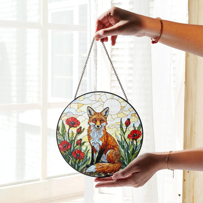 Red Fox in Poppy Field Suncatcher Stained Glass Style Window Art Gift for Animal Lover