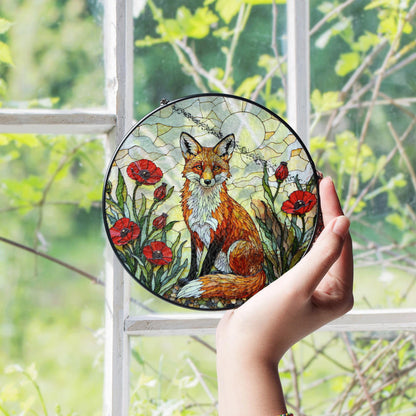 Red Fox in Poppy Field Suncatcher Stained Glass Style Window Art Gift for Animal Lover