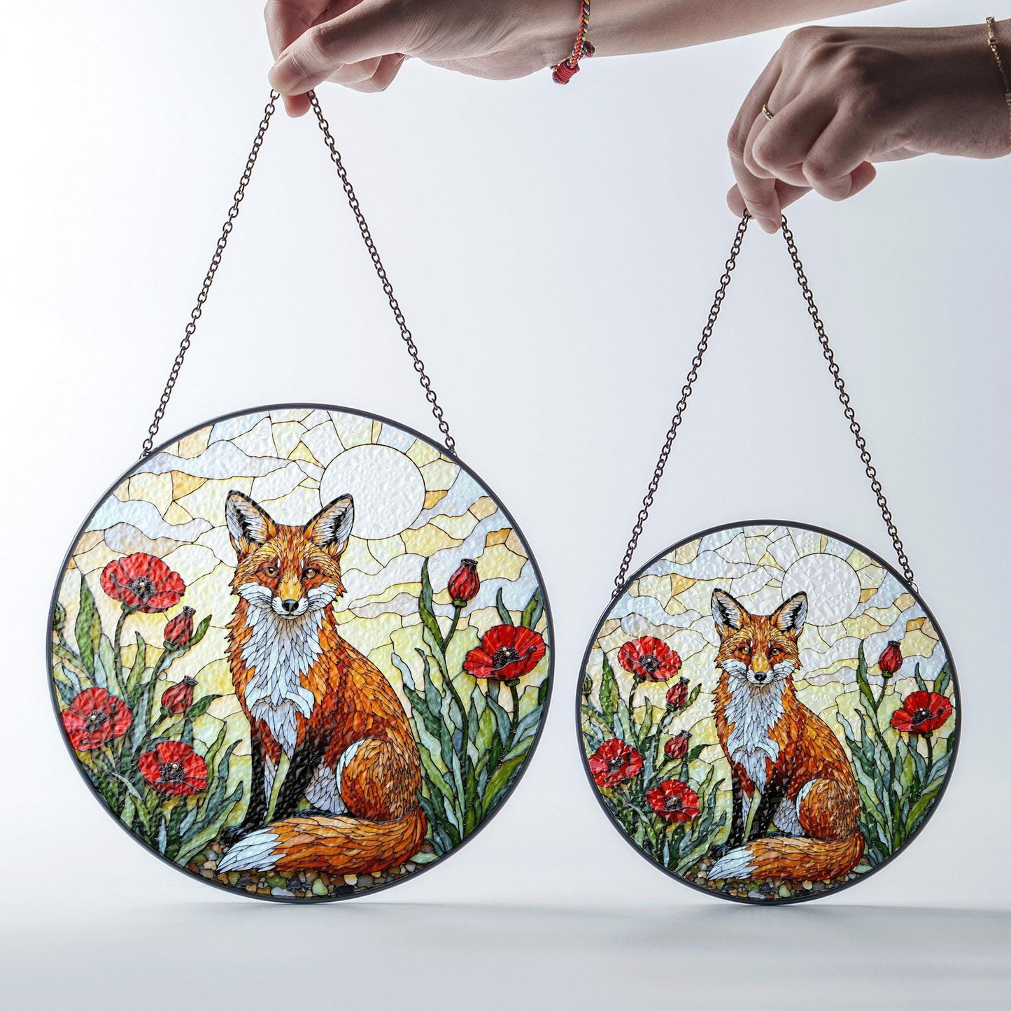 Red Fox in Poppy Field Suncatcher Stained Glass Style Window Art Gift for Animal Lover