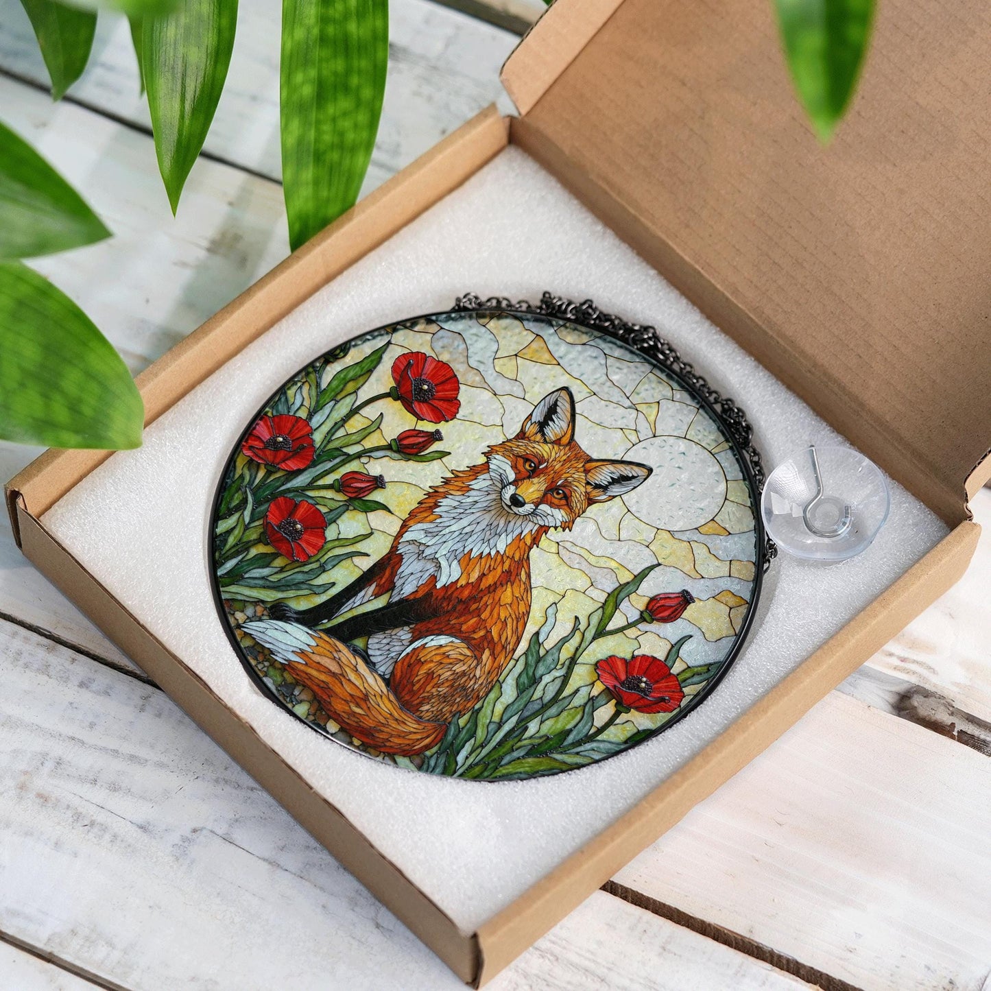 Red Fox in Poppy Field Suncatcher Stained Glass Style Window Art Gift for Animal Lover