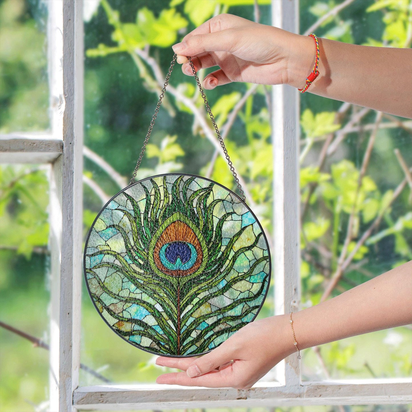 Vibrant Peacock Feather Art Glass Suncatcher Window Hanging for Mom Wife or Nature Lover