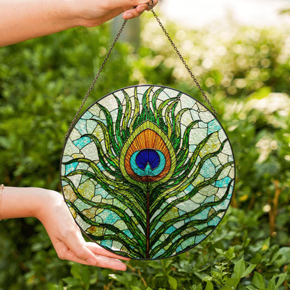 Vibrant Peacock Feather Art Glass Suncatcher Window Hanging for Mom Wife or Nature Lover