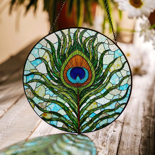 Vibrant Peacock Feather Art Glass Suncatcher Window Hanging for Mom Wife or Nature Lover