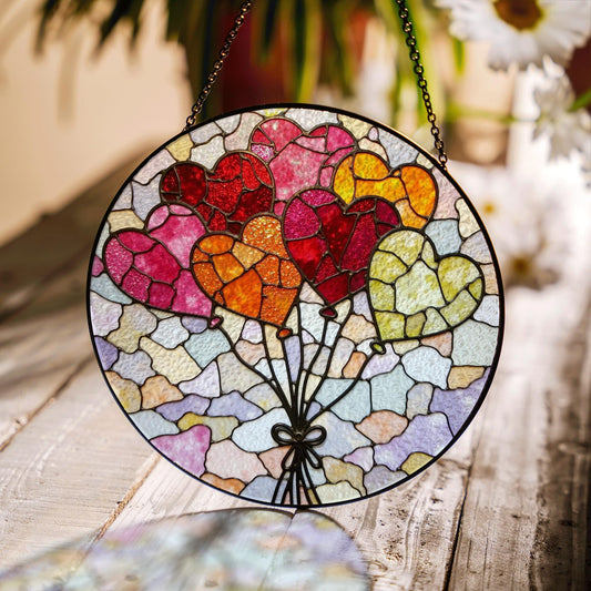 Colorful Heart Balloon Design Stained Glass Suncatcher Window Decor Gift for Her or Friends
