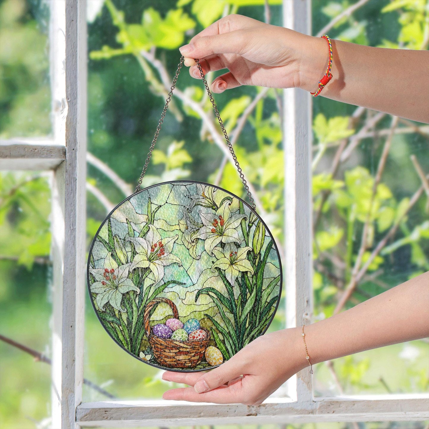 White Lilies and Easter Eggs Basket Stained Glass Suncatcher Window Hanging Gift for Grandma