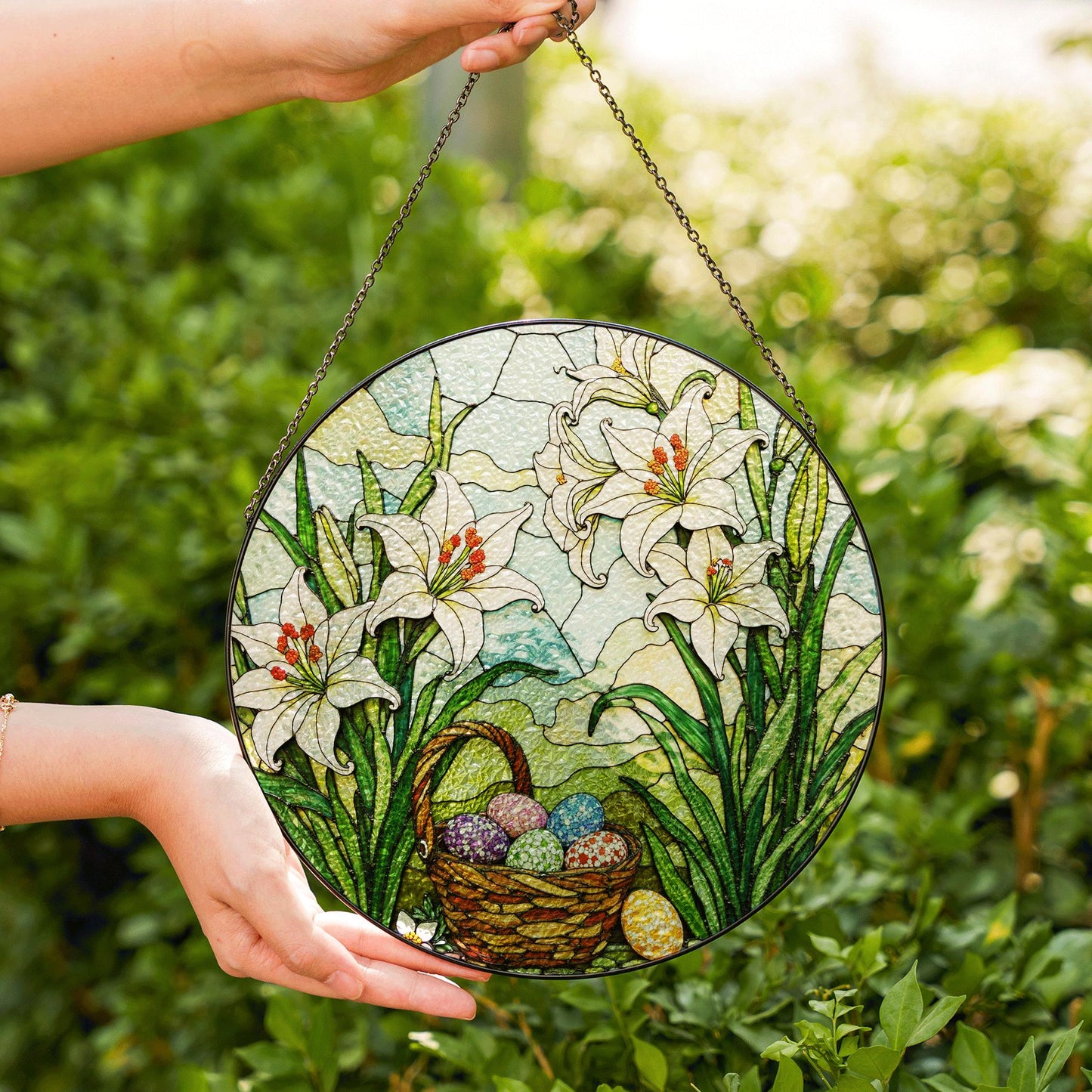 White Lilies and Easter Eggs Basket Stained Glass Suncatcher Window Hanging Gift for Grandma