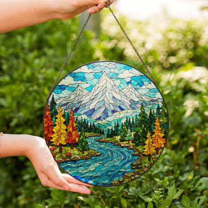 Mountain River Landscape Glass Suncatcher Nature Window Decor Gift for Hiker or Camper