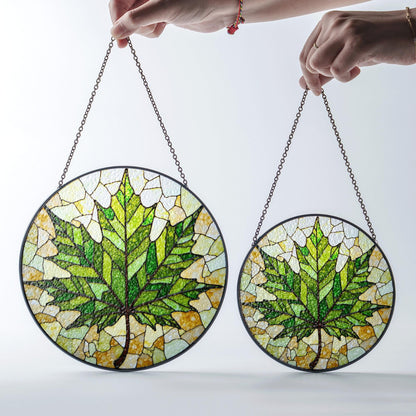 Maple Leaf Green Glass Panel Nature Inspired Suncatcher Gift for Garden Window Lovers
