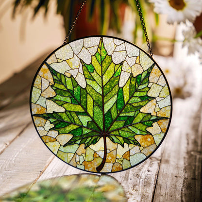 Maple Leaf Green Glass Panel Nature Inspired Suncatcher Gift for Garden Window Lovers
