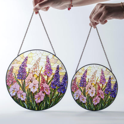 Pink Purple Wildflowers Stained Glass Suncatcher Floral Window Hanging Gift for Garden Lovers