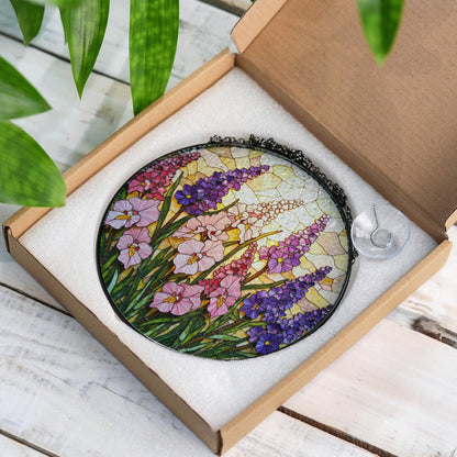 Pink Purple Wildflowers Stained Glass Suncatcher Floral Window Hanging Gift for Garden Lovers