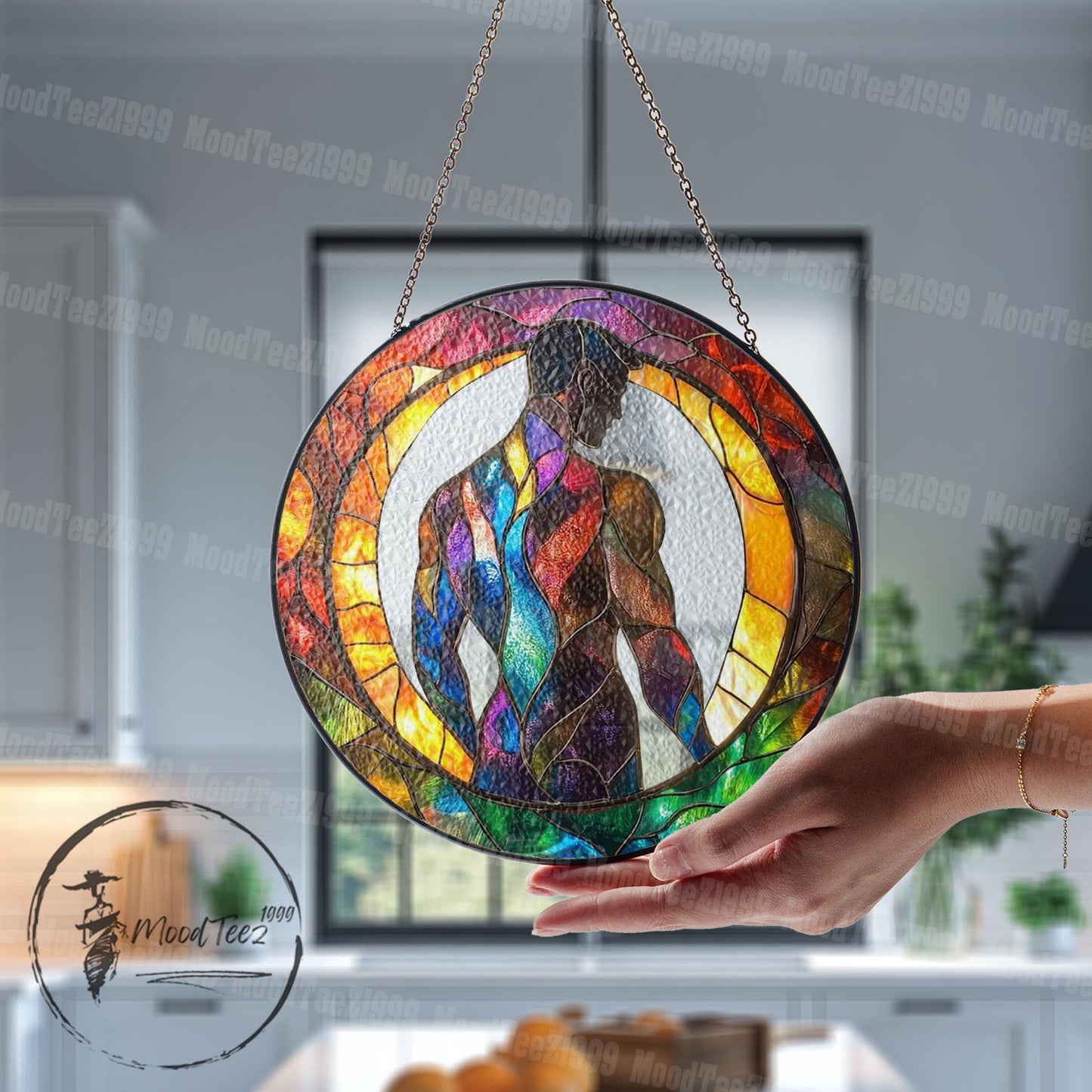 Abstract Male Figure Stained Glass Window Hanging, Modern Rainbow Body Art Suncatcher, LGBTQ Pride Decor, Colorful Masculine Gift