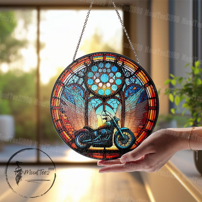 Motorcycle Stained Glass Window Hanging, Biker Angel Wings Suncatcher, Memorial Ride Decor, Unique Gift for Riders and Road Lovers