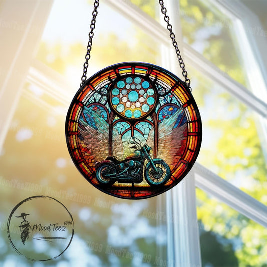 Motorcycle Stained Glass Window Hanging, Biker Angel Wings Suncatcher, Memorial Ride Decor, Unique Gift for Riders and Road Lovers