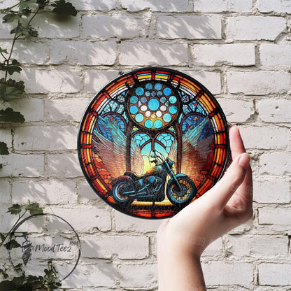 Motorcycle Stained Glass Window Hanging, Biker Angel Wings Suncatcher, Memorial Ride Decor, Unique Gift for Riders and Road Lovers
