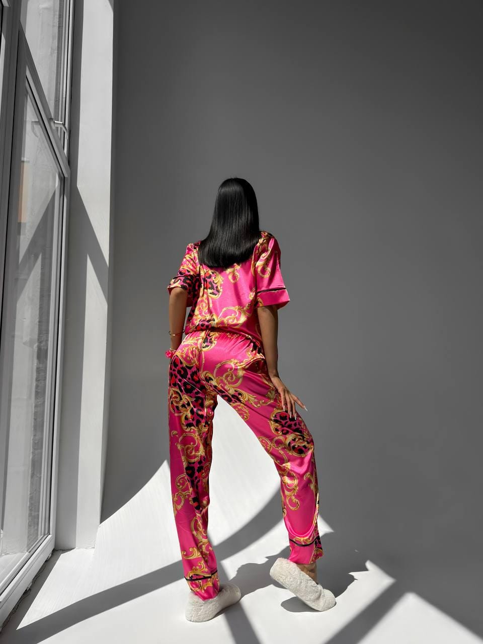 Hot Pink Baroque Leopard Satin Pajama Set | Bold Women's Sleepwear | Short Sleeve Button Down Top & Pants | Luxury Lounge Set Gift for Her