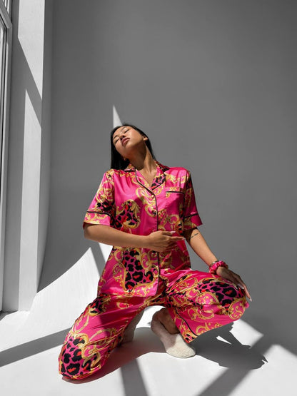 Hot Pink Baroque Leopard Satin Pajama Set | Bold Women's Sleepwear | Short Sleeve Button Down Top & Pants | Luxury Lounge Set Gift for Her