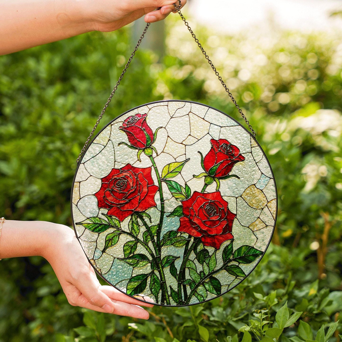 Red Rose Art Glass Window Hanging Stained Glass Suncatcher Gift for Mom Friend or Garden Lover