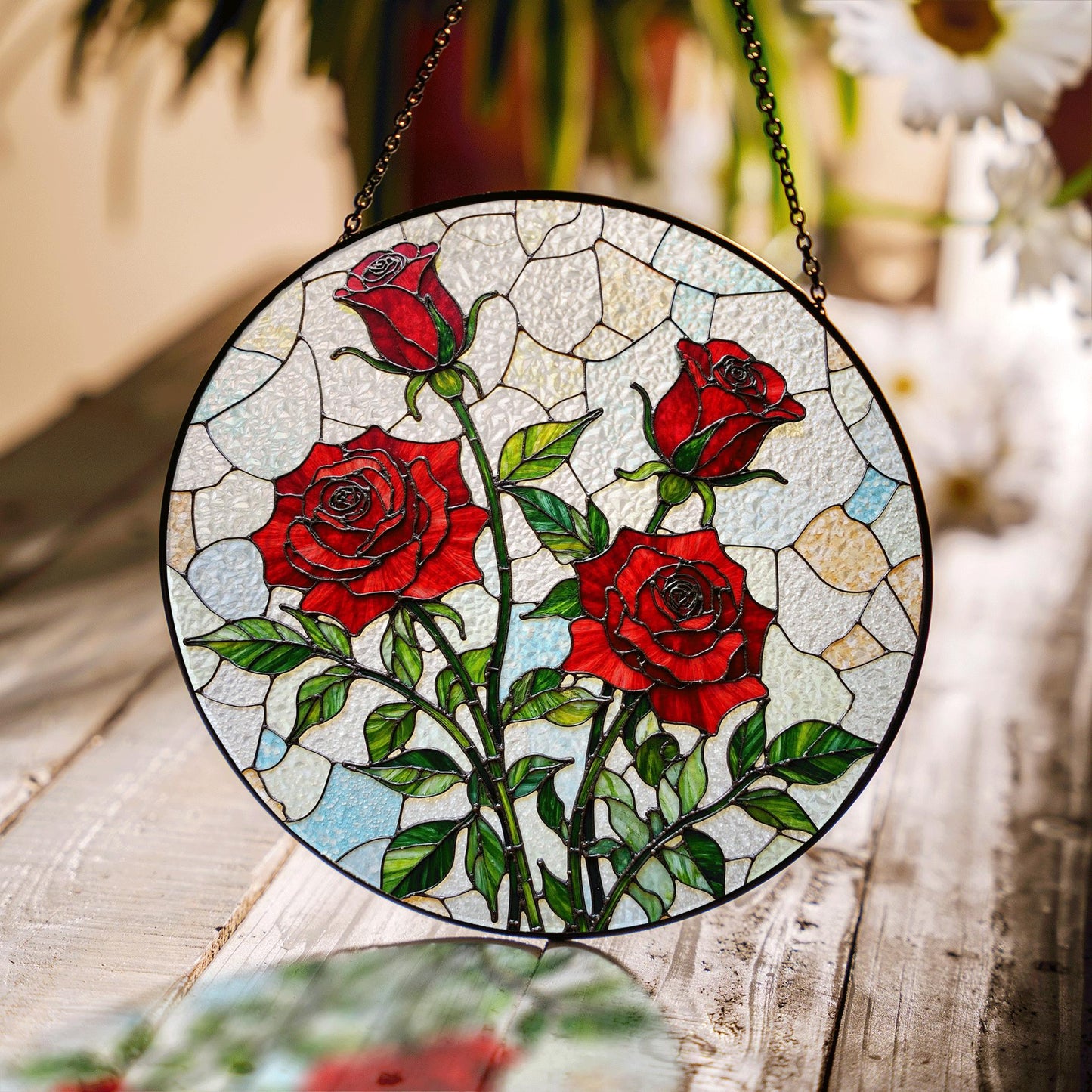 Red Rose Art Glass Window Hanging Stained Glass Suncatcher Gift for Mom Friend or Garden Lover