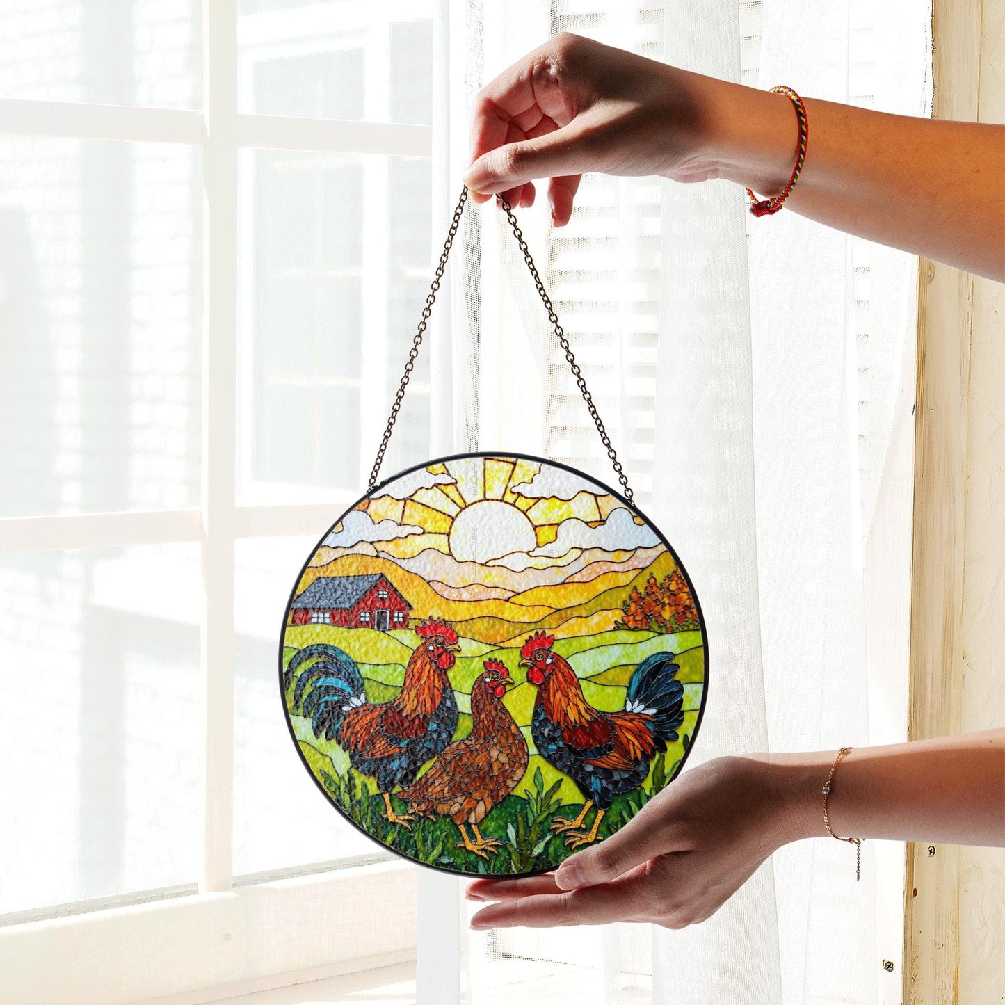 Roosters Hens Farmhouse Scene Round Stained Glass Suncatcher Gift for Chicken Lovers