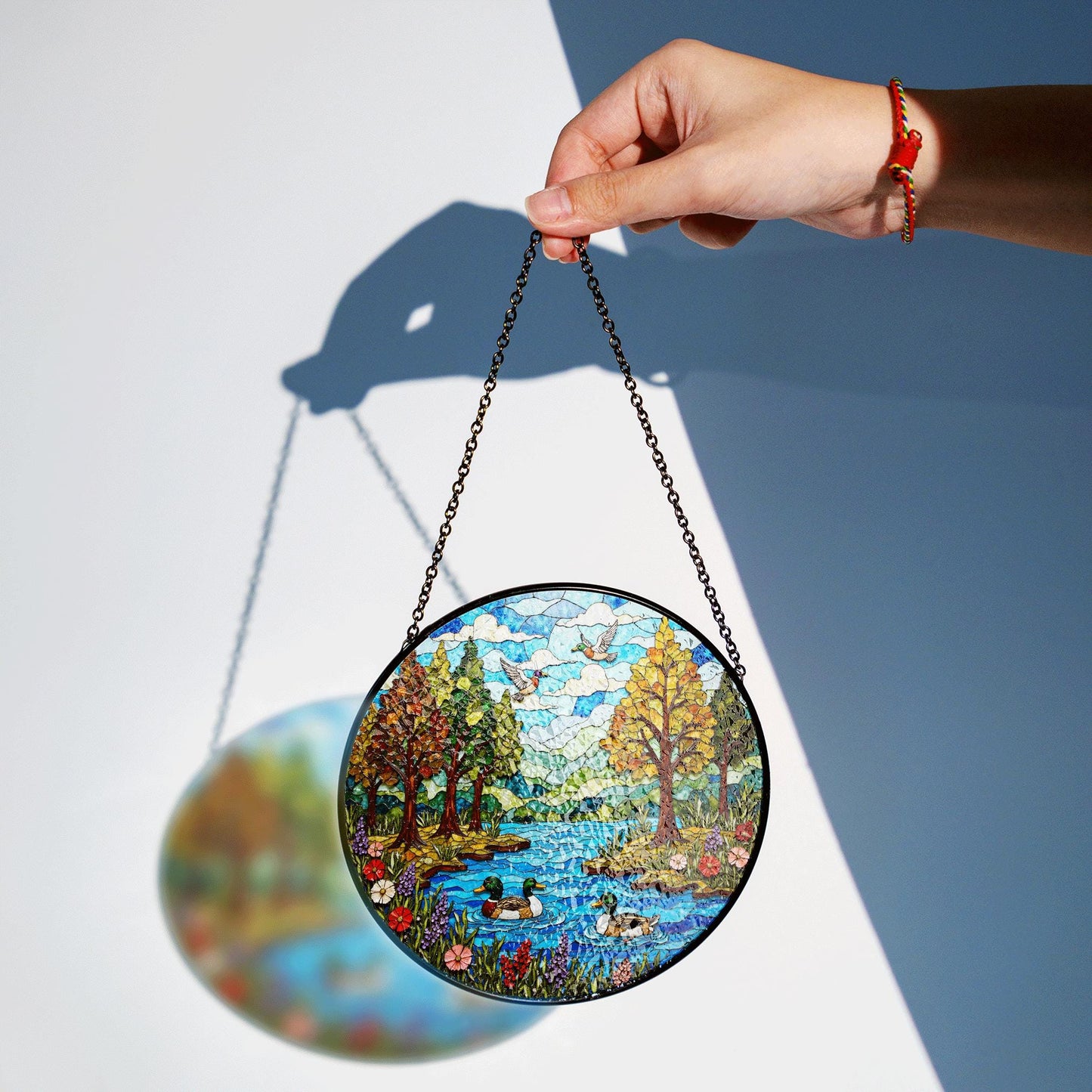 Forest River Ducks Stained Glass Style Round Suncatcher Gift for Mom