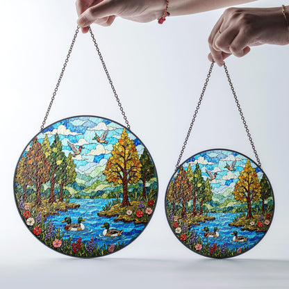 Forest River Ducks Stained Glass Style Round Suncatcher Gift for Mom