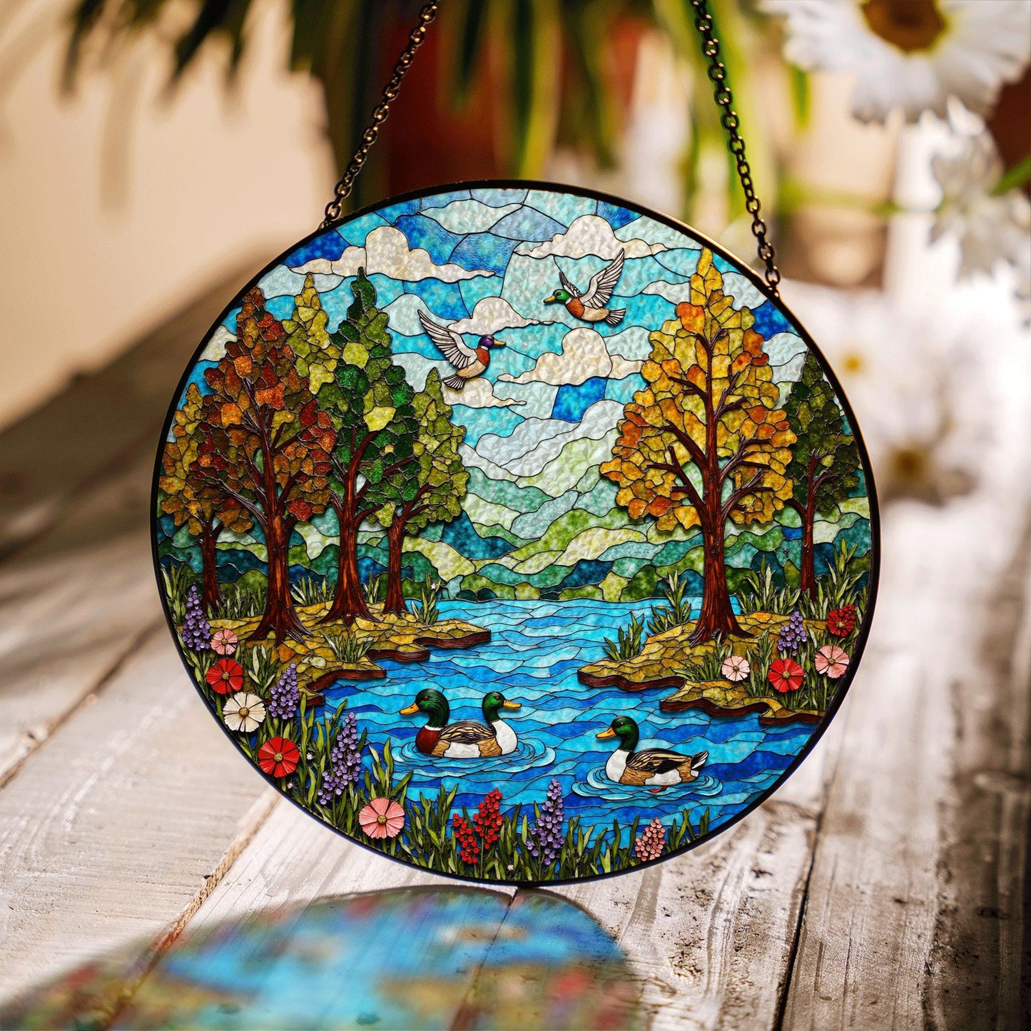 Forest River Ducks Stained Glass Style Round Suncatcher Gift for Mom