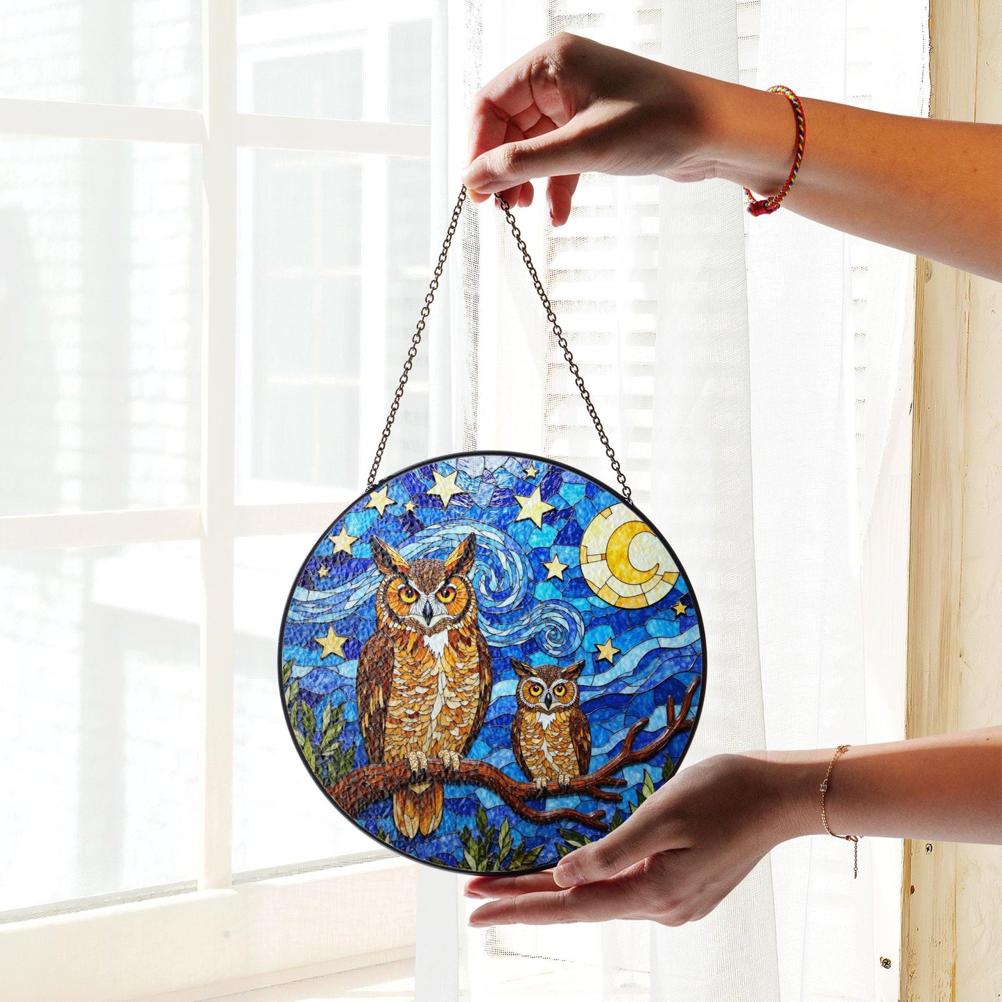 Starry Night Owl Moon Tree Suncatcher Window Hanging Gift for Mom
