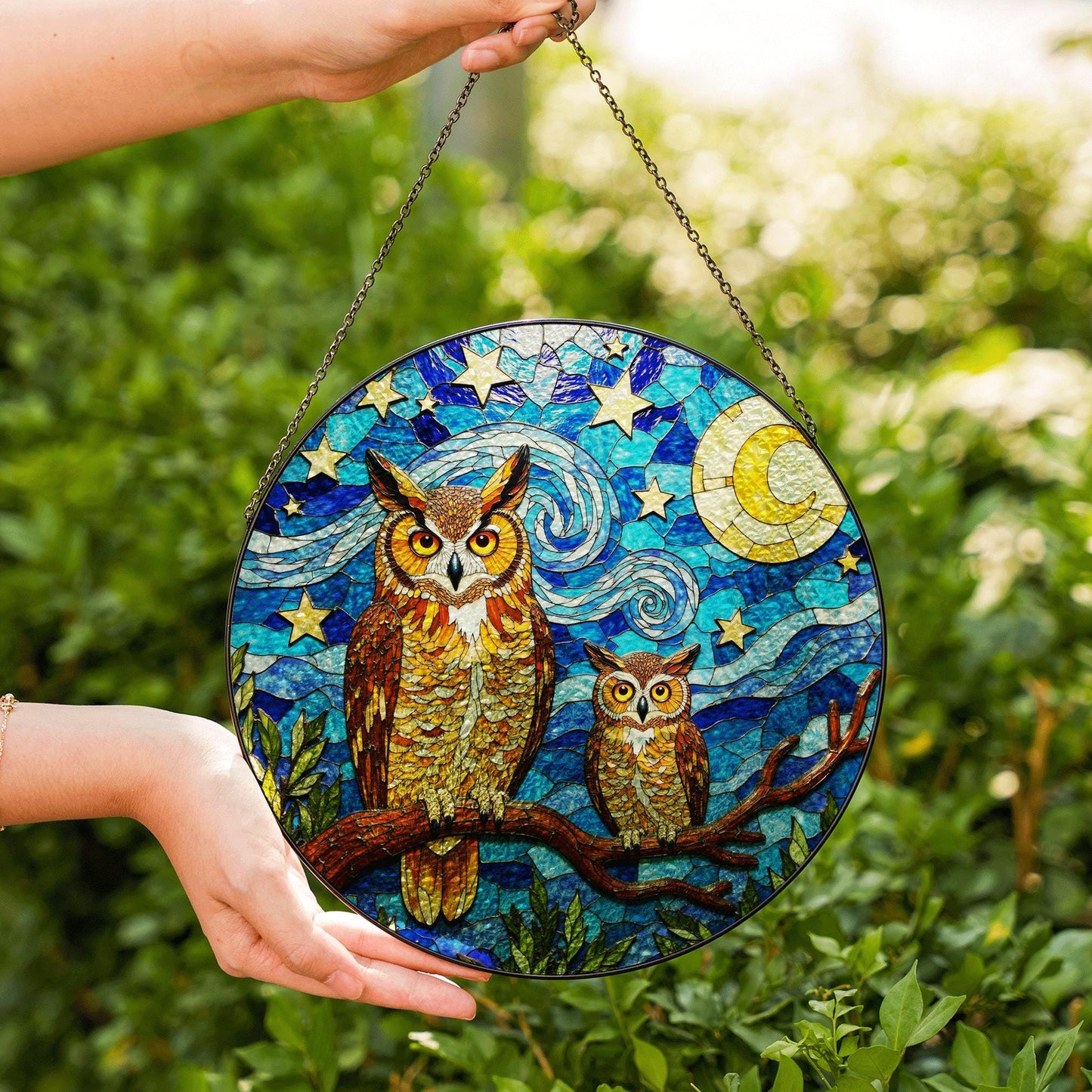 Starry Night Owl Moon Tree Suncatcher Window Hanging Gift for Mom