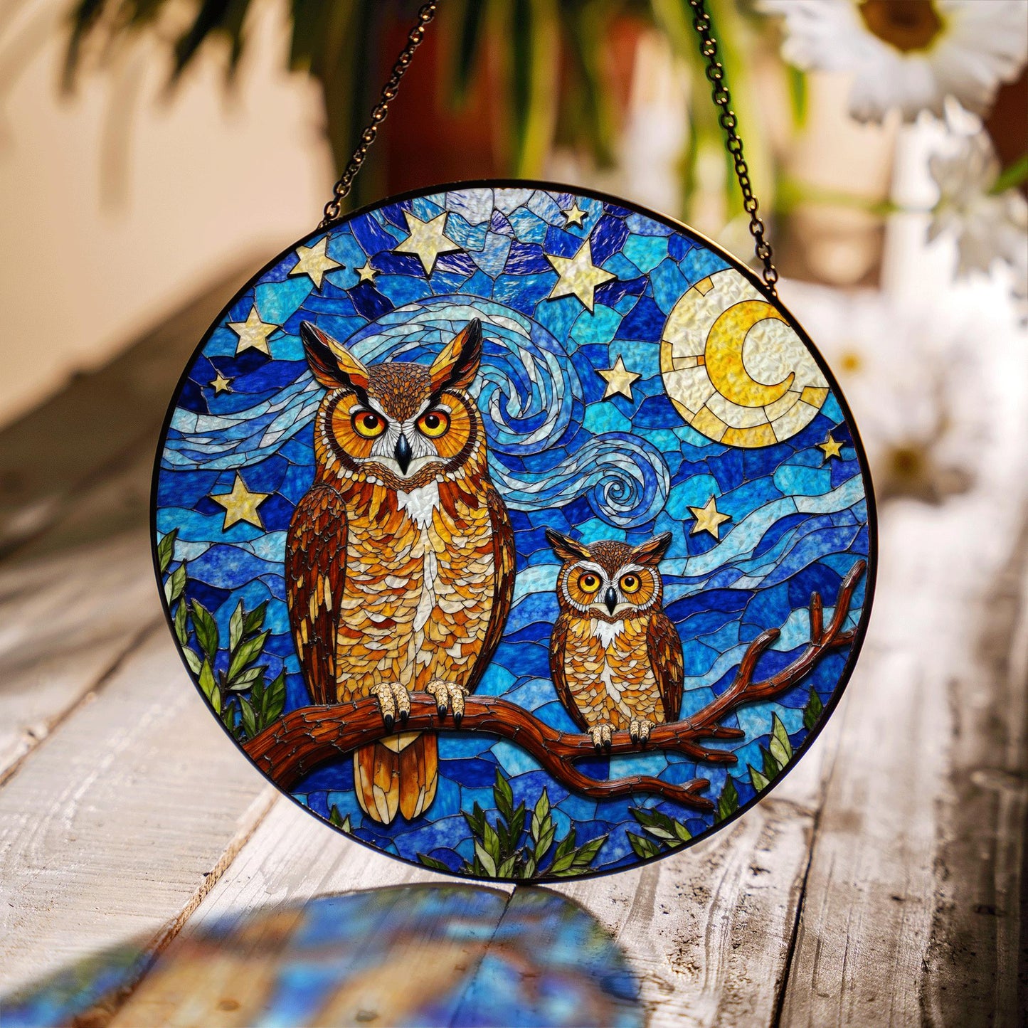 Starry Night Owl Moon Tree Suncatcher Window Hanging Gift for Mom