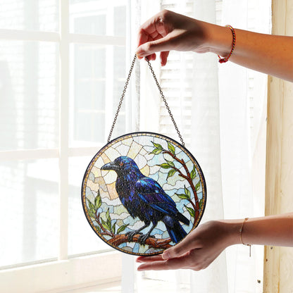 Stained Glass Raven Art Suncatcher Gothic Window Decor Gift For Bird Lovers