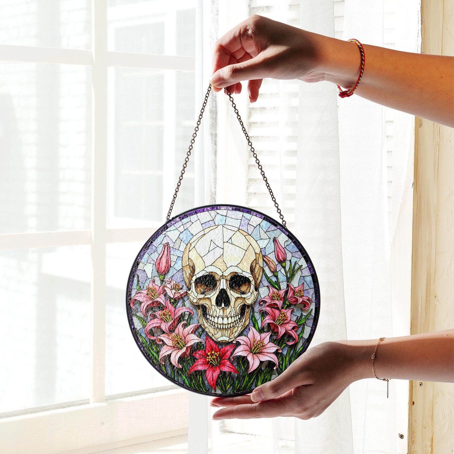 Skull Surrounded by Lilies Gothic Stained Glass Suncatcher Gift for Halloween Lovers