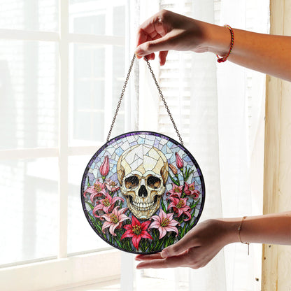 Skull Surrounded by Lilies Gothic Stained Glass Suncatcher Gift for Halloween Lovers