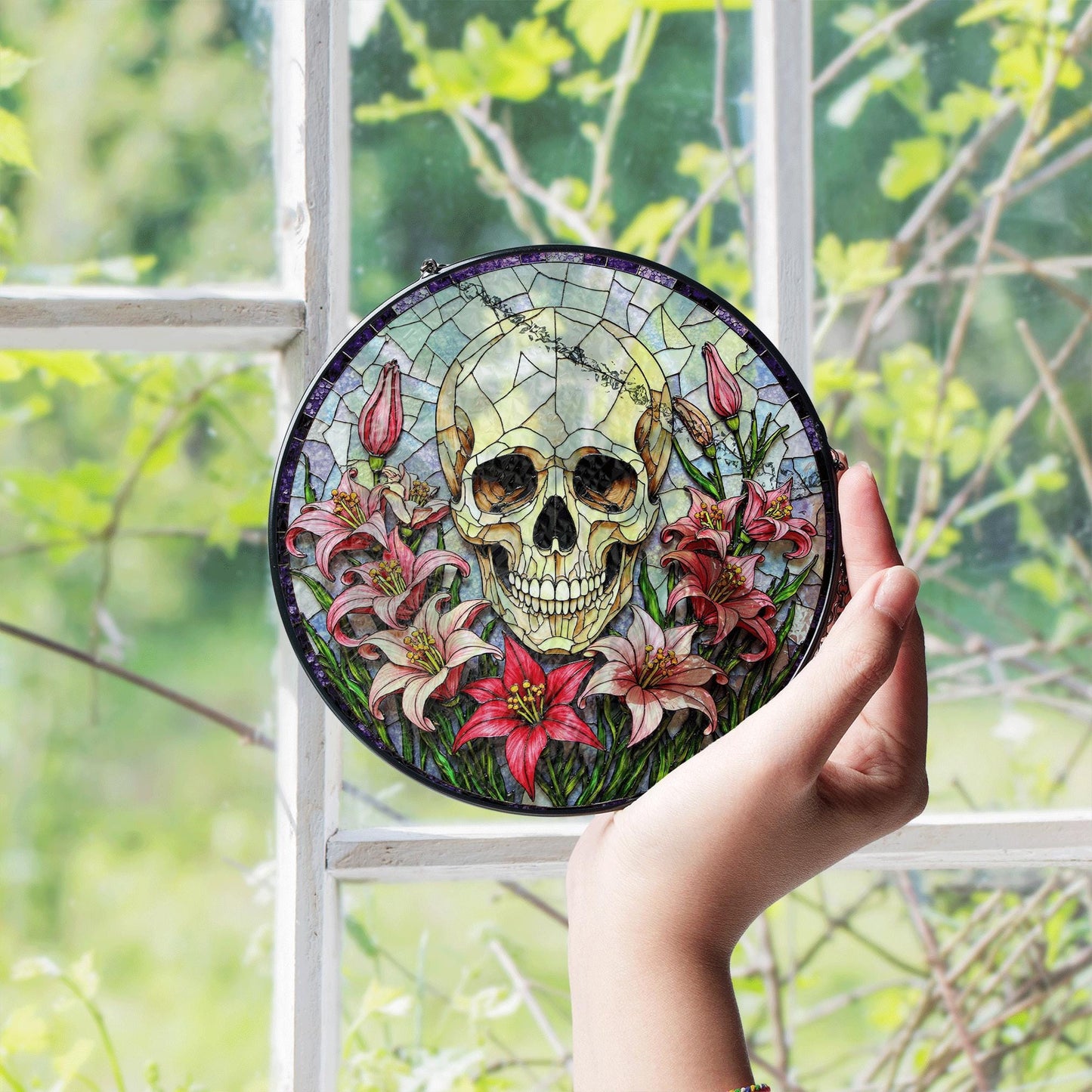 Skull Surrounded by Lilies Gothic Stained Glass Suncatcher Gift for Halloween Lovers