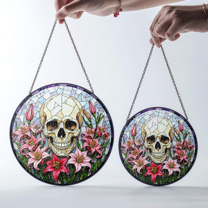 Skull Surrounded by Lilies Gothic Stained Glass Suncatcher Gift for Halloween Lovers