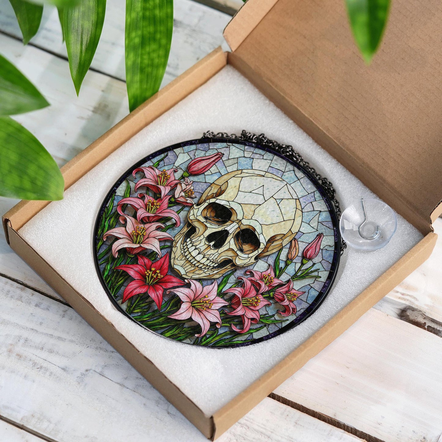 Skull Surrounded by Lilies Gothic Stained Glass Suncatcher Gift for Halloween Lovers