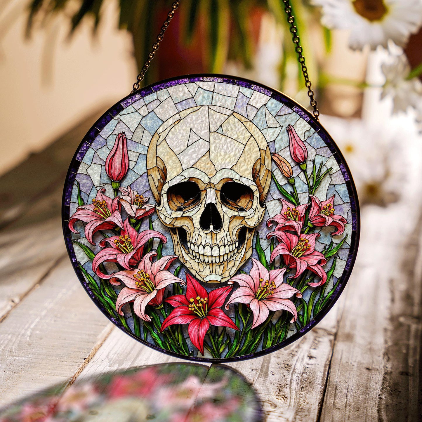 Skull Surrounded by Lilies Gothic Stained Glass Suncatcher Gift for Halloween Lovers