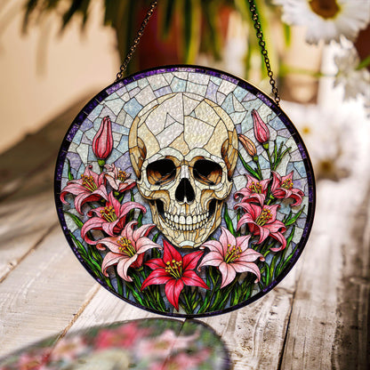 Skull Surrounded by Lilies Gothic Stained Glass Suncatcher Gift for Halloween Lovers