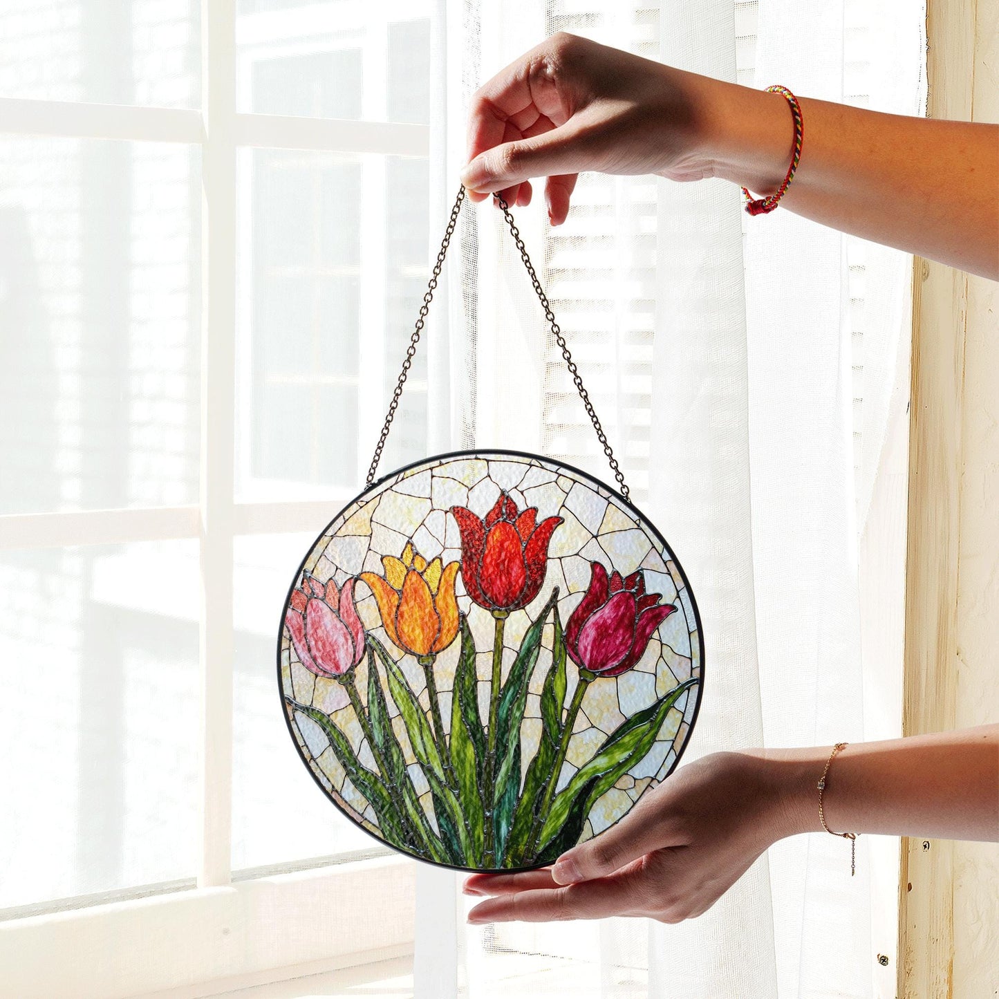 Stained Glass Tulip Round Panel Suncatcher Handmade Floral Window Decor Gift for Mom