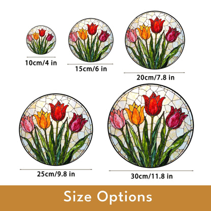 Stained Glass Tulip Round Panel Suncatcher Handmade Floral Window Decor Gift for Mom