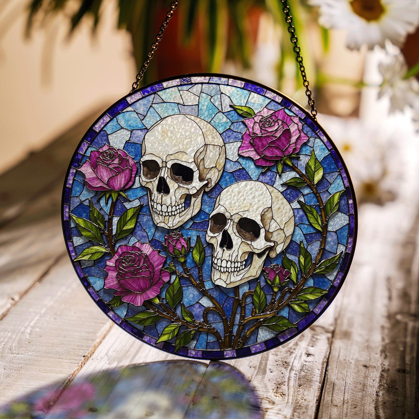 Skull Rose Stained Glass Suncatcher Gothic Window Decor Unique Gift for Alternative Friend