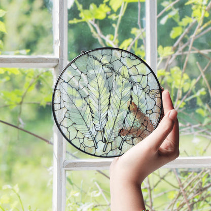 Green Leaf Feather Stained Glass Suncatcher Nature Window Decor Gift for Nature Lovers