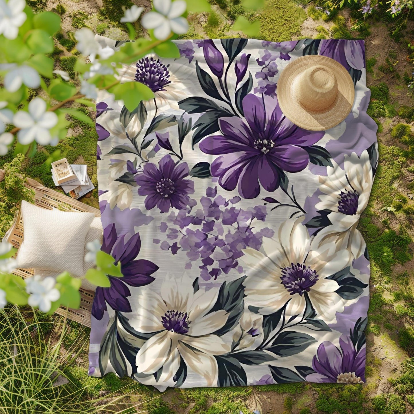 Purple Floral Velveteen Plush Blanket, Cozy Boho Throw, Gift for Her, Mom, Nature-Inspired Blanket, Spring, Summer Home Decor, Flower Lover