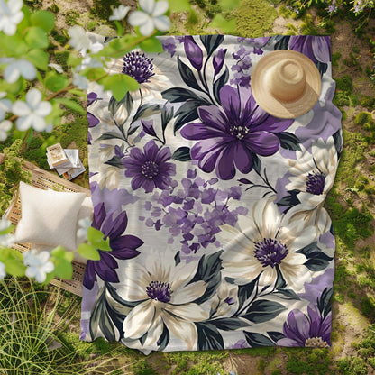 Purple Floral Velveteen Plush Blanket, Cozy Boho Throw, Gift for Her, Mom, Nature-Inspired Blanket, Spring, Summer Home Decor, Flower Lover